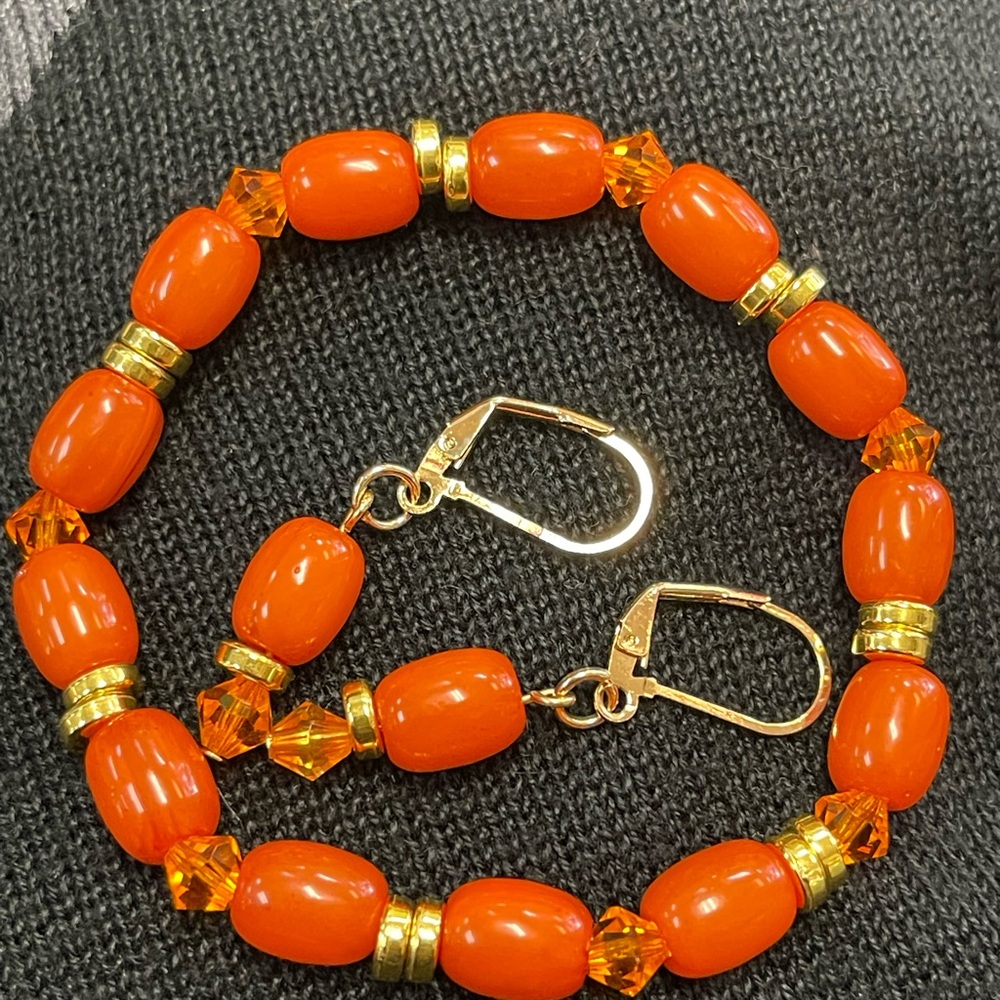 Elegant  Hand Made Orange Beaded Bracelet and Earring Set
